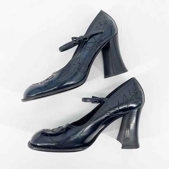Vintage Prada 1996 Blue Leather Floral Appliqué Block Heel Mary Jane Pumps IT 39 - Picture 6 of 15